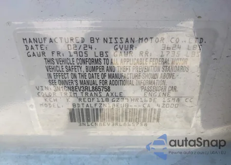 2024 Nissan Versa 1.6 Sv z USA, uszkodzony, nr VIN 3N1CN8EV3RL865758